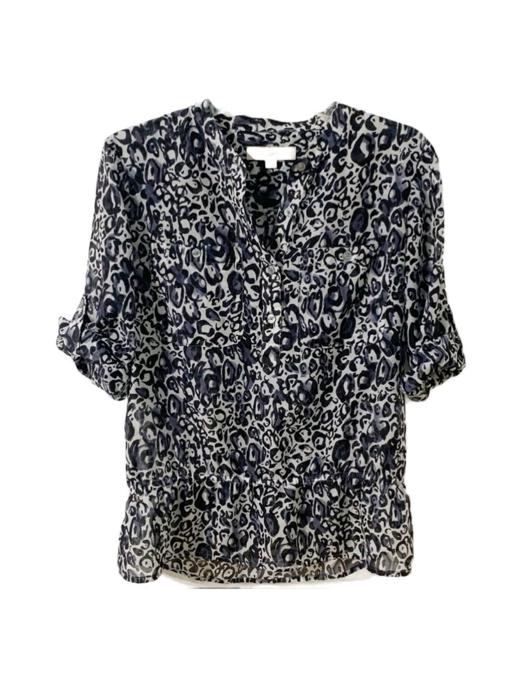 Ann Taylor LOFT Animal Print Adjustable Sleeve Blouse Button Front Peplum Hem💜🖤🤍